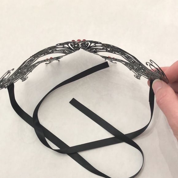 Black Metal Masquerade Mask with Red Rhinestones Handmade - Picture 14 of 17